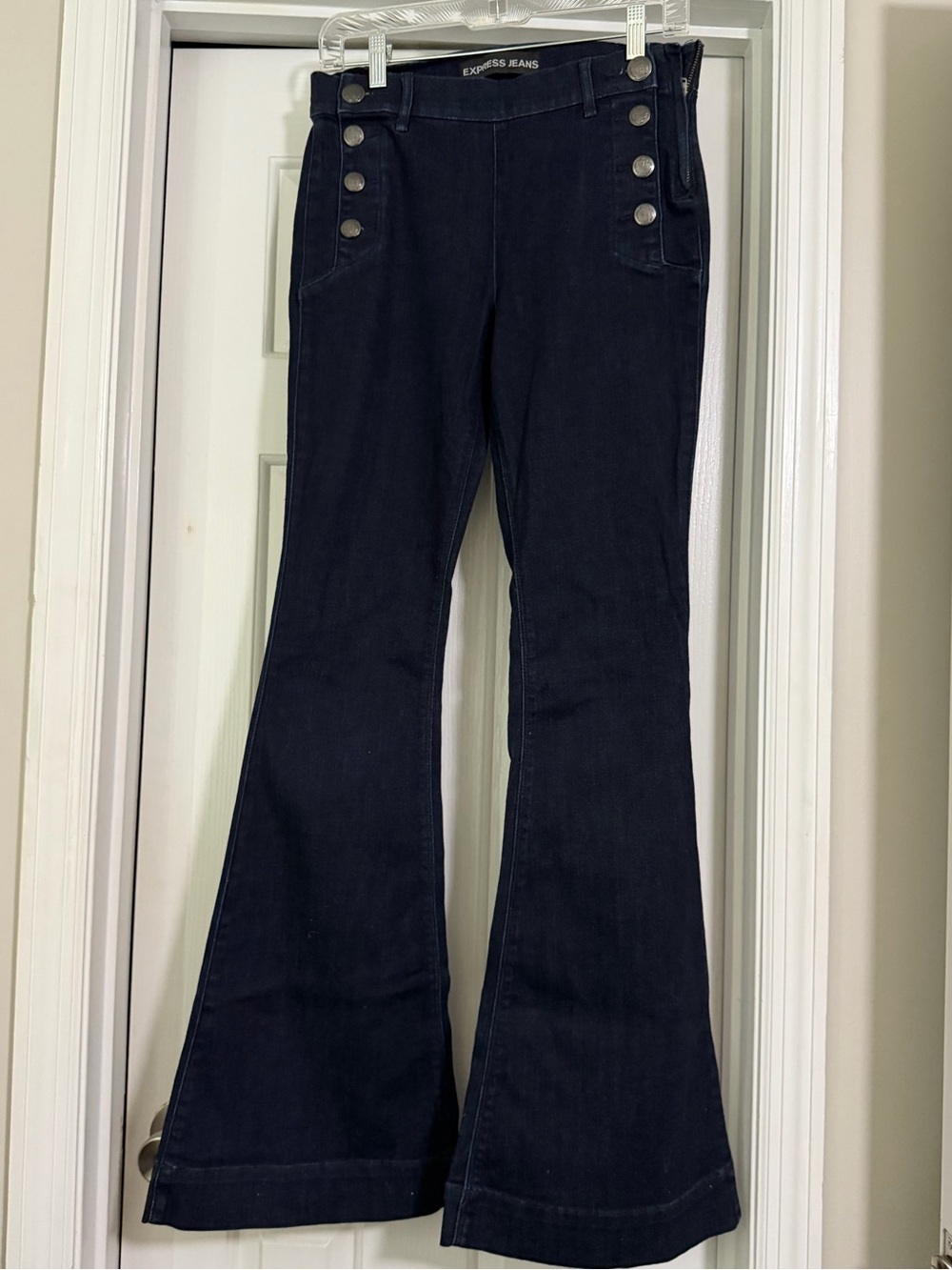 Express Navy Flared Jeans with Sailor Button Detail